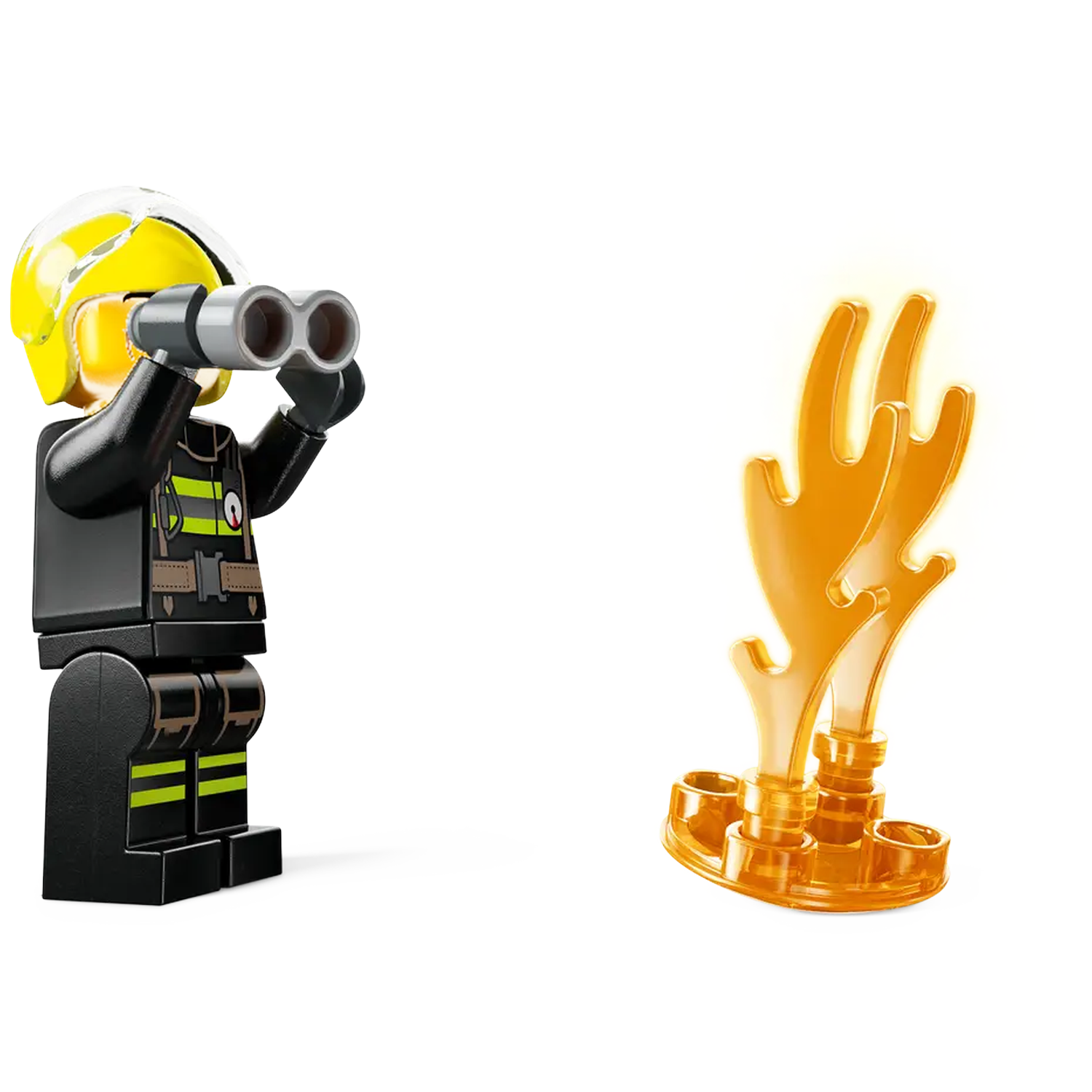 A Lego firefighter looks through binoculars. A yellow, glowing flame is on the right. White background.