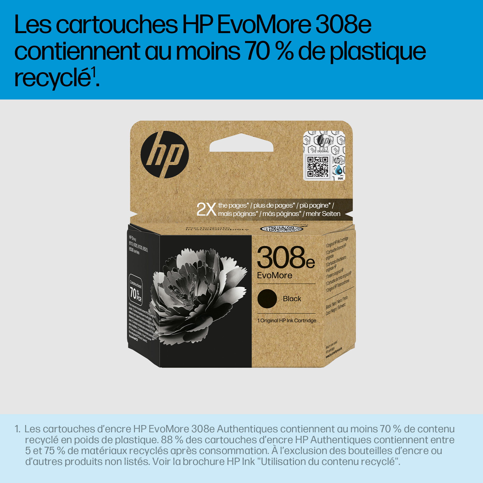 Une boîte de cartouches d'encre HP EvoMore 308e. Elle est marron avec du texte et une image de fleur noire.