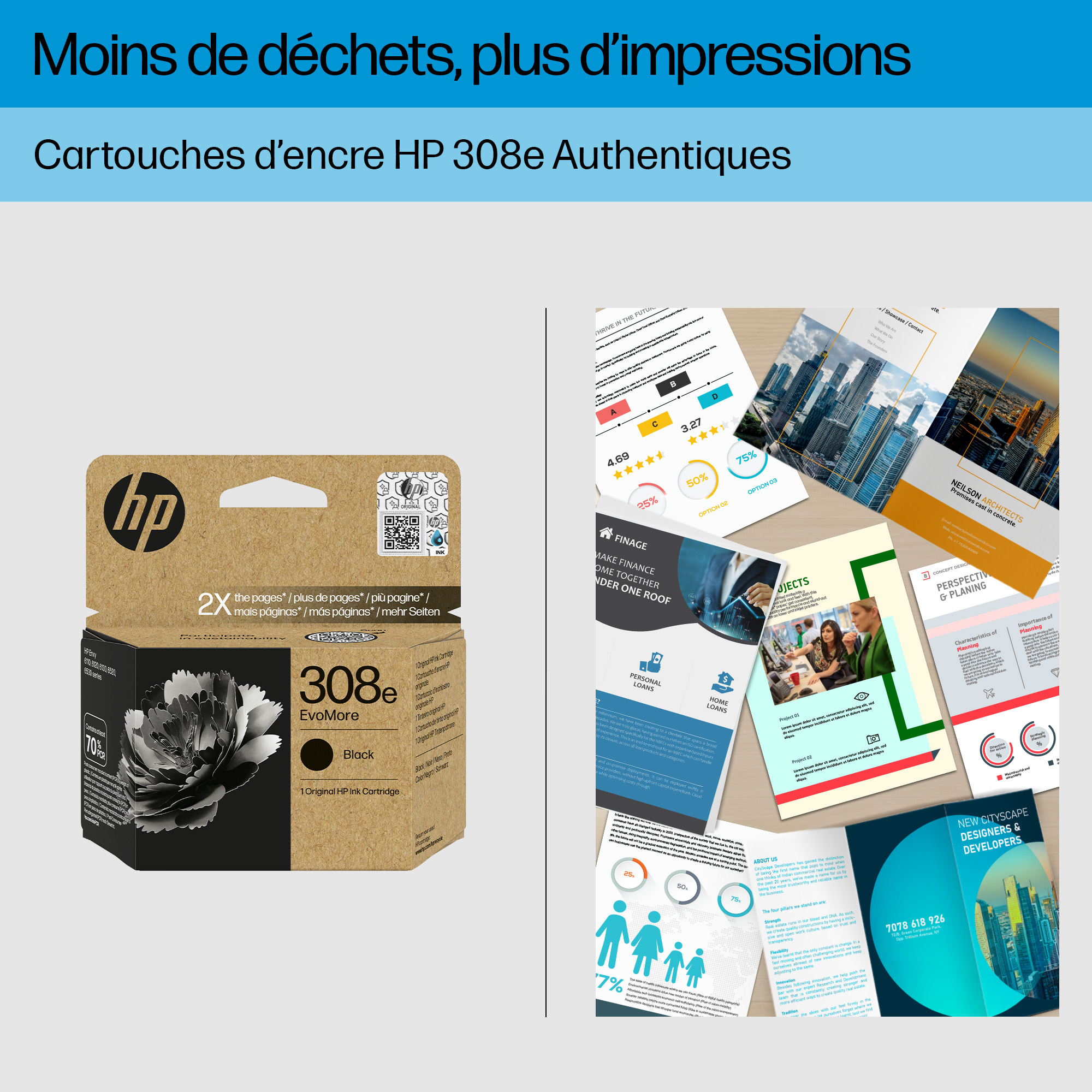 L'image montre une boîte de cartouches d'encre HP, avec d'autres documents sur une table.