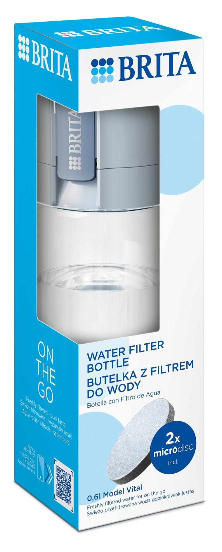 Brita vízszűrő palack doboza. Fehér palack belül. Szöveg: Vízszűrő palack, 2x microdisc, 0,6l Model Vital.