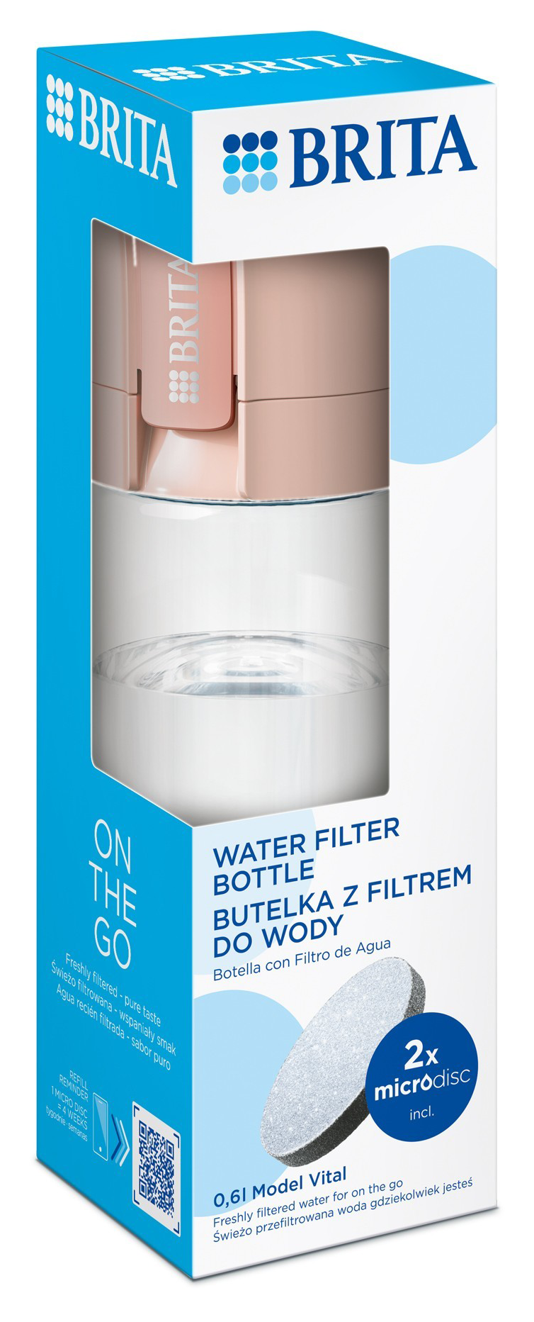 Egy Brita vízszűrő palack doboza. A dobozon a márkalogó és a termék adatai szerepelnek, beleértve az 'On The Go' és a 'Water Filter Bottle' feliratot.