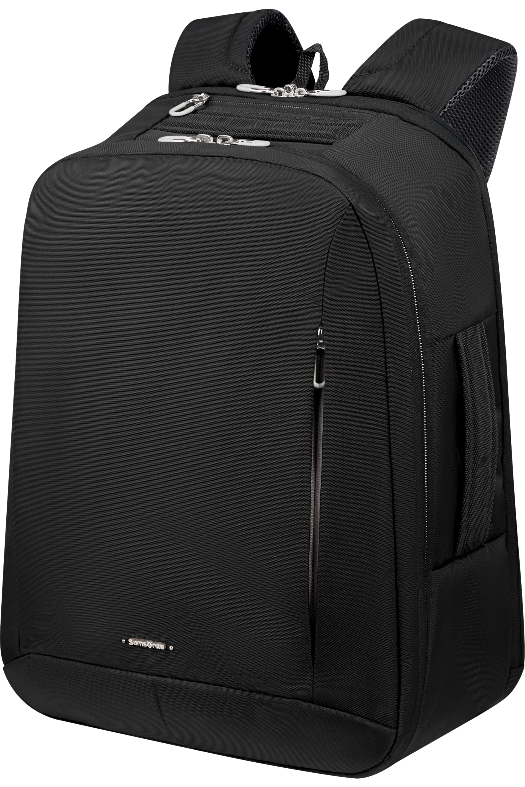 Schwarzer Samsonite-Rucksack. Er hat mehrere Reißverschlussfächer und Schultergurte. Der Hintergrund ist schwarz.