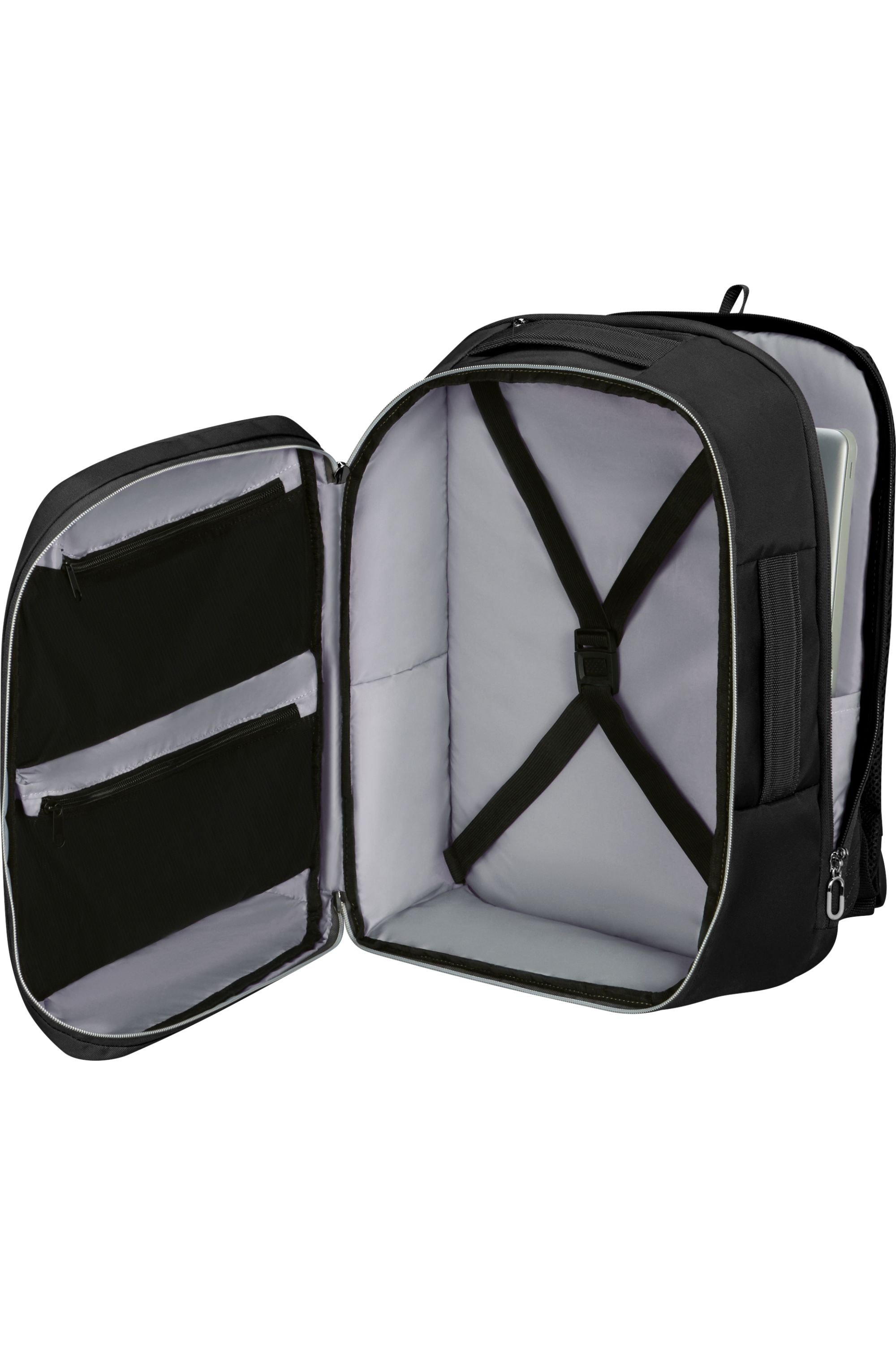Offener schwarzer Rucksack mit grauem Innenraum und Taschen. Riemen innen. Laptop sichtbar. Schwarzer Hintergrund.
