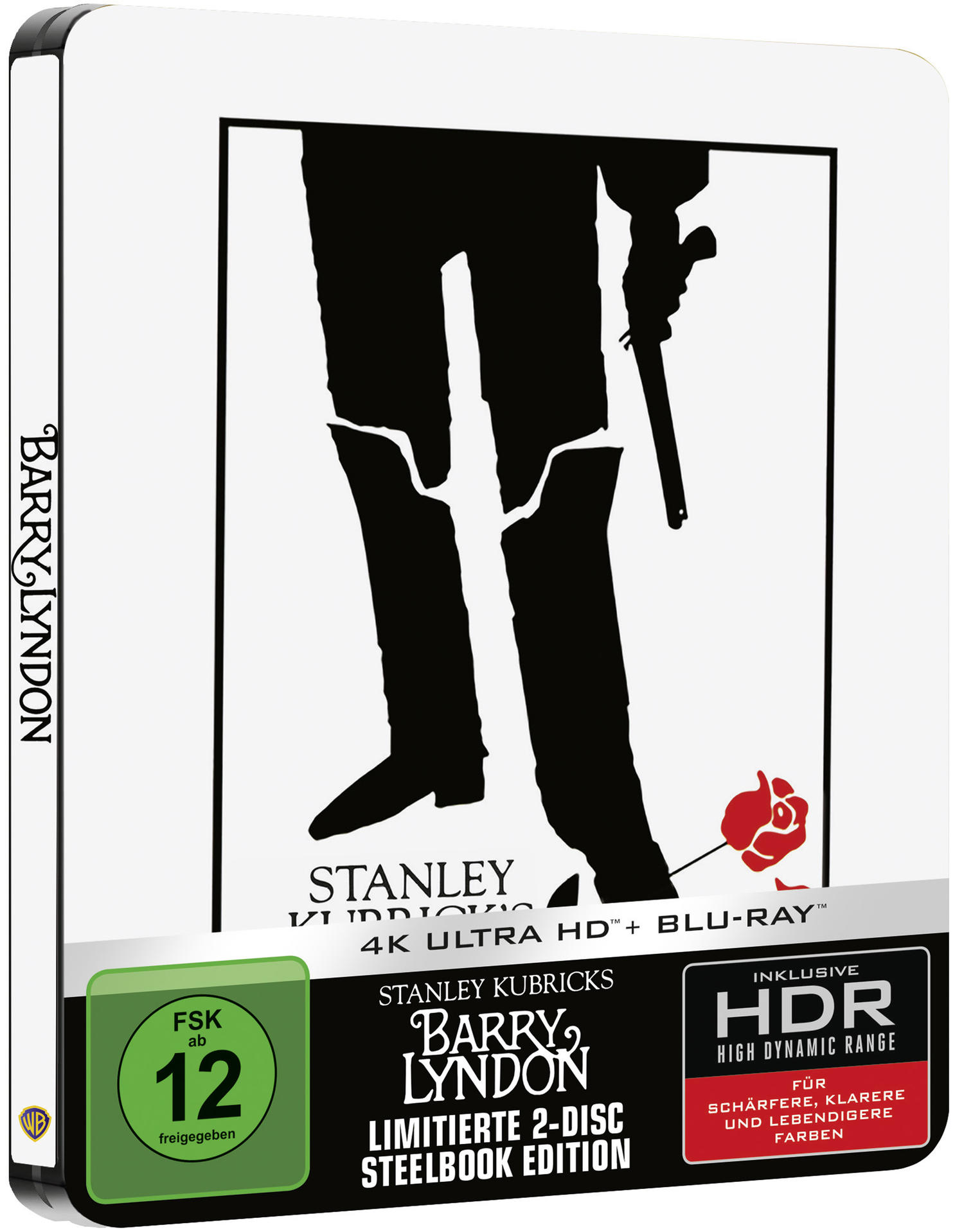 Barry Lyndon Blu-Ray-Cover. Schwarze Silhouette einer Person mit Pistole, rote Rose und verschiedene Textelemente.