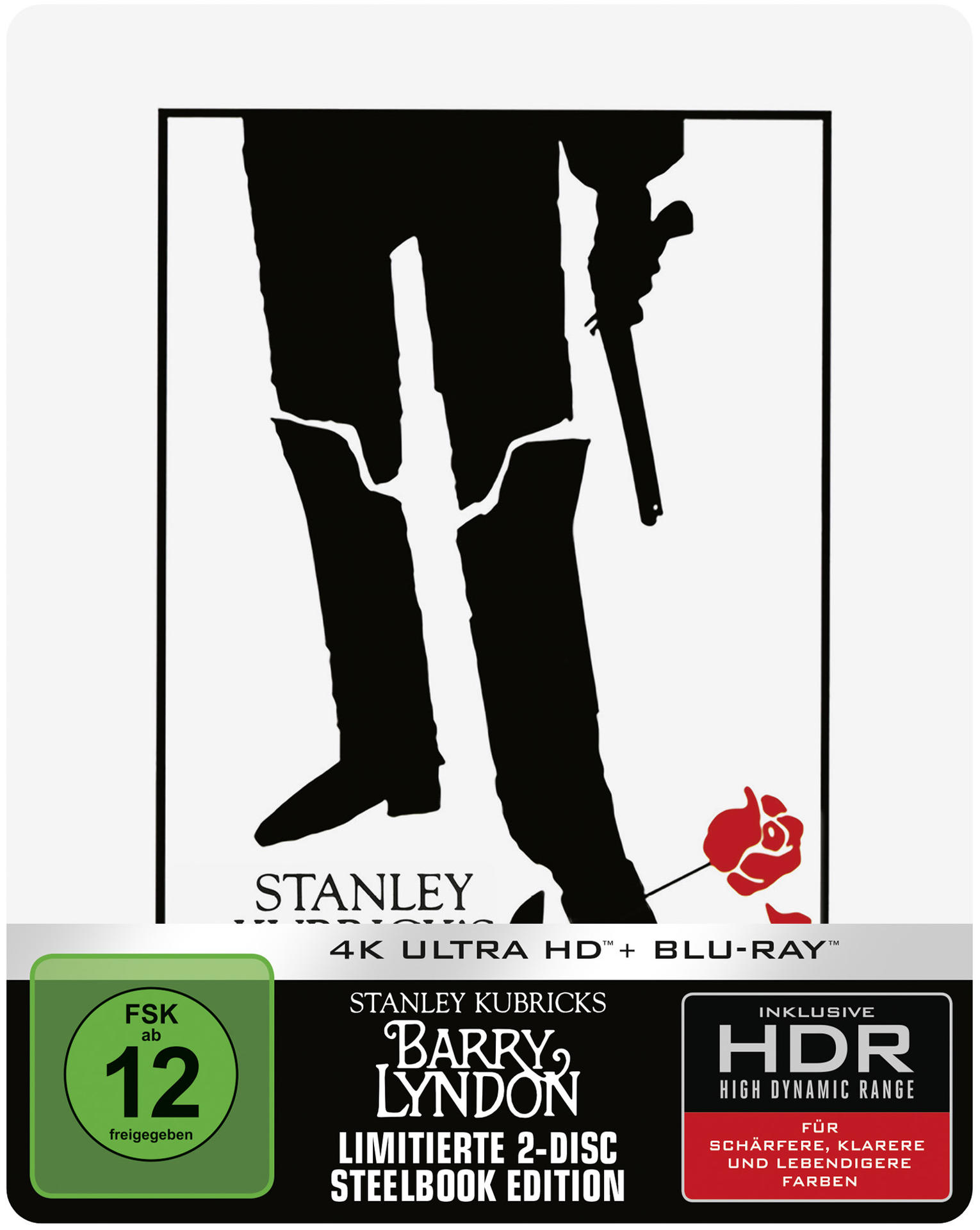 Das Bild ist ein Blu-ray-Cover für Barry Lyndon. Es zeigt eine schwarze Silhouette einer Person und eine rote Rose.