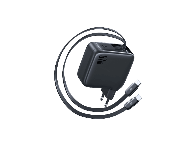 Cargador de pared - Baseus EnerCore CJ21 DUAL, Con doble cable retráctil Tipo-C, Carga simultánea rápida 67 W, Negro Cosmic