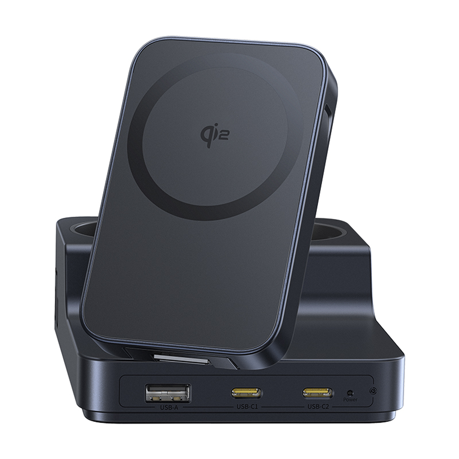Un cargador inalámbrico negro con puertos USB. Tiene una plataforma de carga y una base con puertos USB-A, USB-C1 y USB-C2.