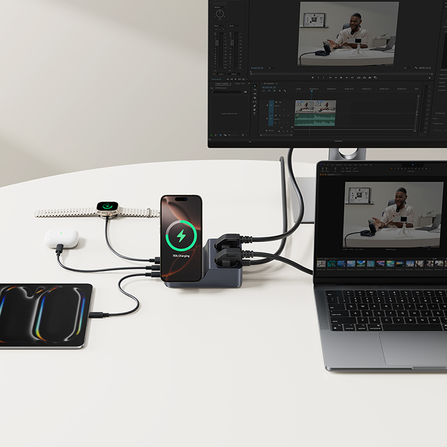 Una configuración de escritorio con dispositivos de carga: teléfono, tableta, reloj inteligente y portátil. Monitor muestra software de edición de video.