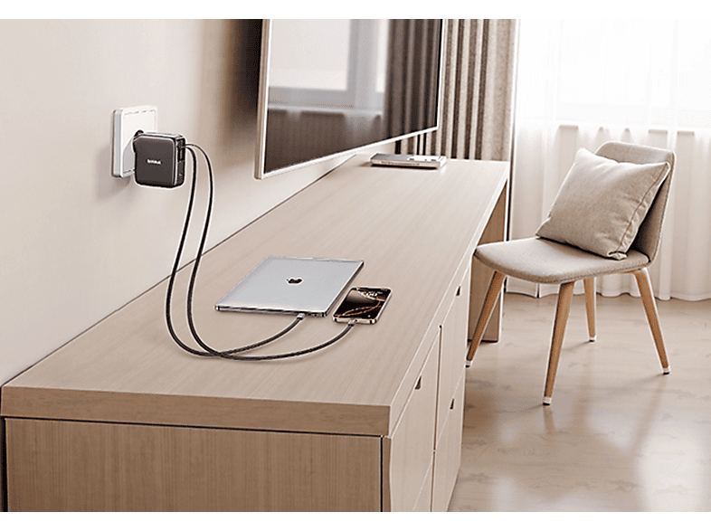 Cargador de pared - Baseus EnerCore CJ21 DUAL, Con doble cable retráctil Tipo-C, Carga simultánea rápida 67 W, Negro Cosmic – imagen 3