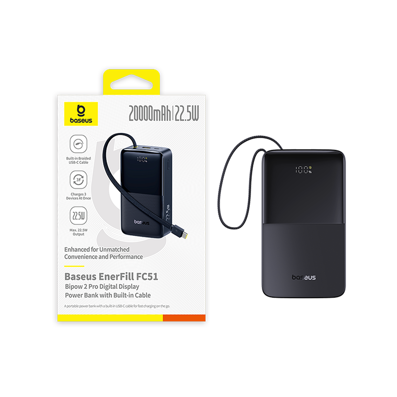 Un power bank Baseus negro con cable USB-C incorporado, pantalla digital (100%) y embalaje del producto sobre fondo blanco.