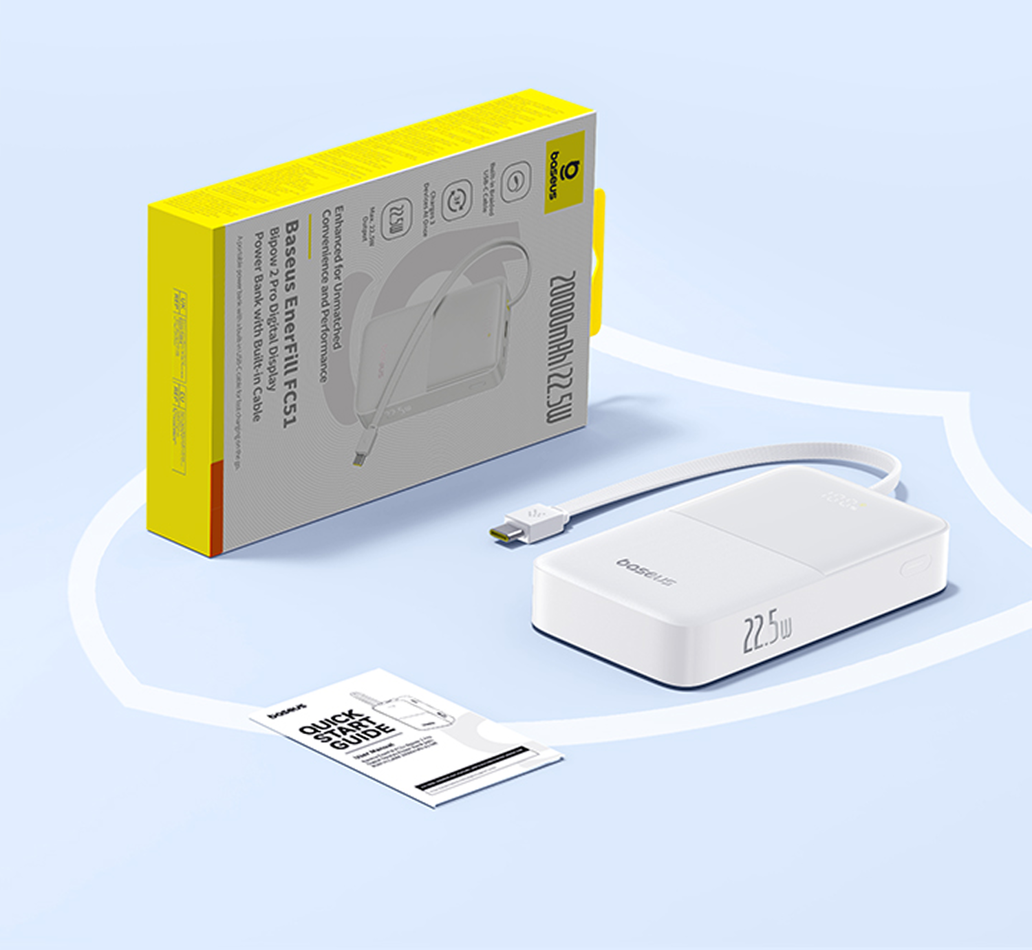 Un banco de energía blanco con cable, una caja amarilla y blanca y una guía de inicio rápido sobre una superficie azul.