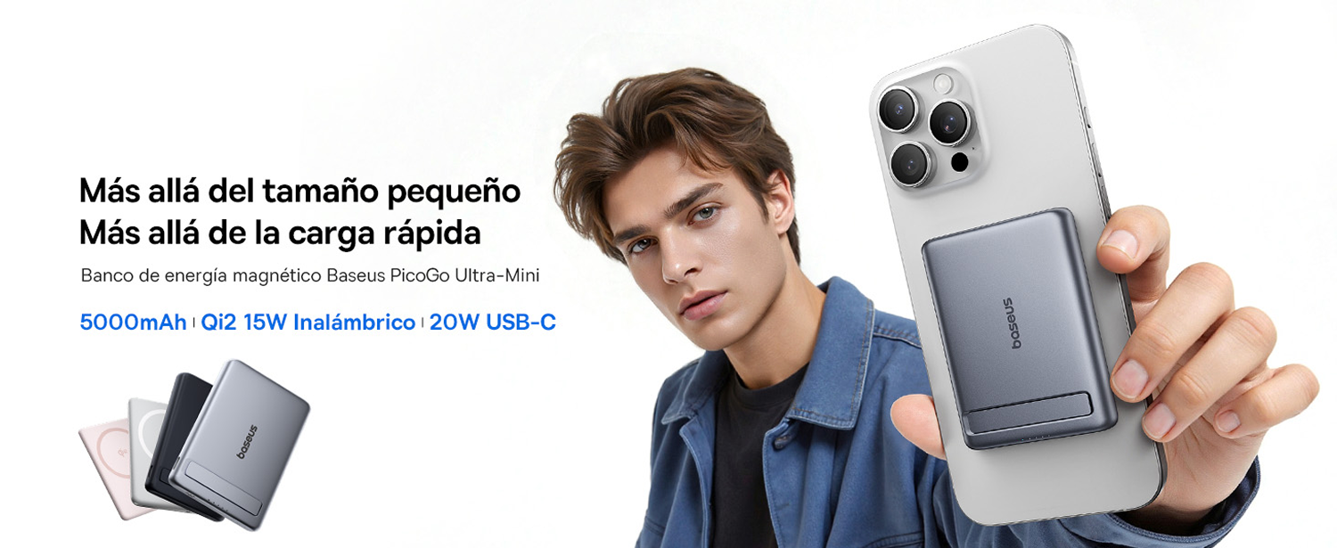 Más allá del tamaño pequeño. Más allá de la carga rápida. Banco de energía magnético Baseus PicoGo Ultra-Mini. 5000 mAh/Qi2 15W Inalámbrico/20W USB-C