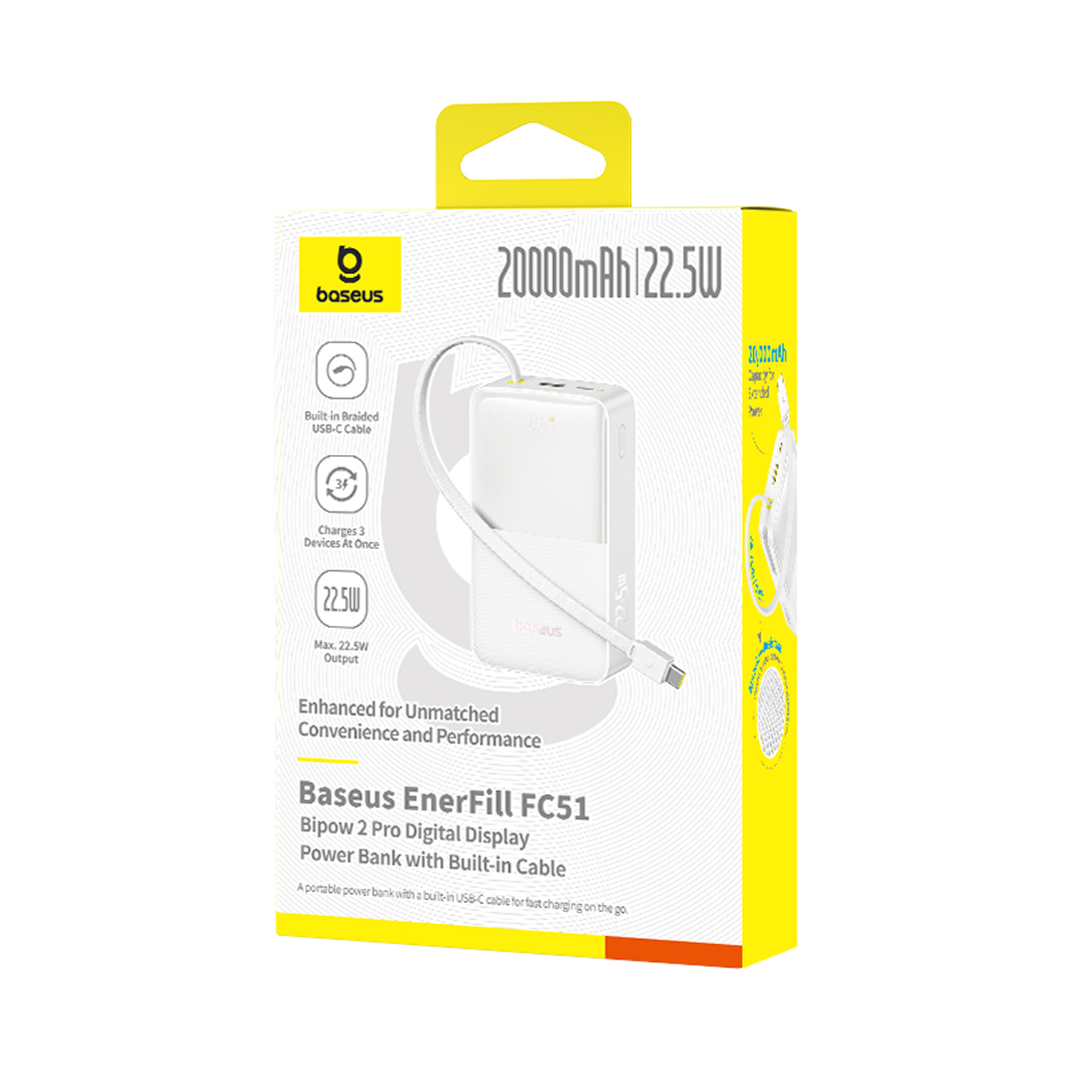 Una caja blanca de batería externa Baseus EnerFill FC51. Incluye cable USB-C integrado, 20000mAh y carga rápida. El embalaje es amarillo y blanco.
