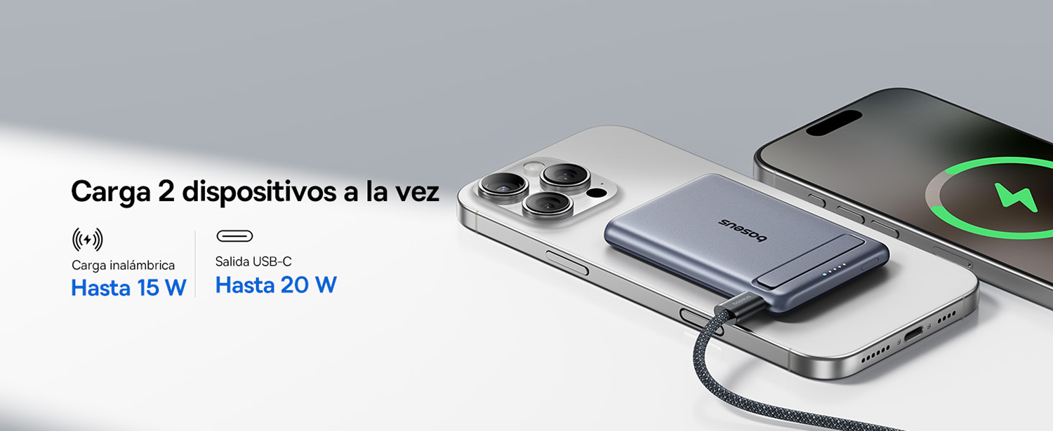 Carga 2 dispositivos a la vez. Hasta 20W salida USB-C. Hasta 15W carga inalámbrica