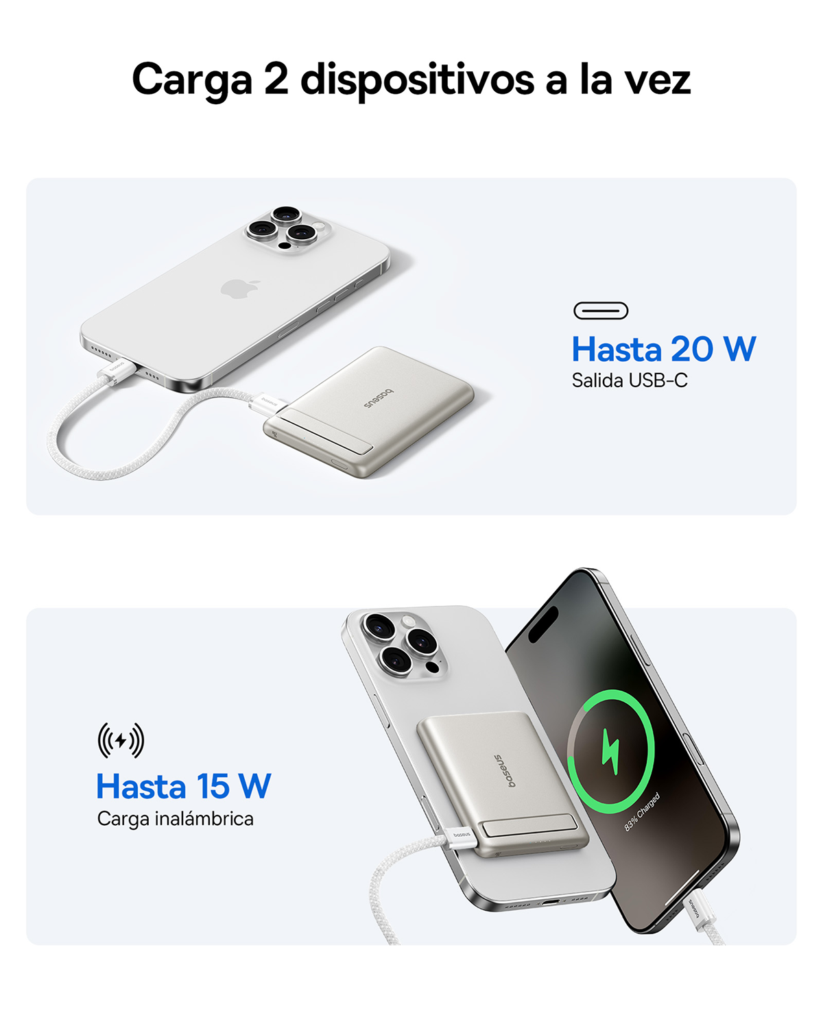 Carga 2 dispositivos a la vez. Hasta 20W salida USB-C. Hasta 15W carga inalámbrica