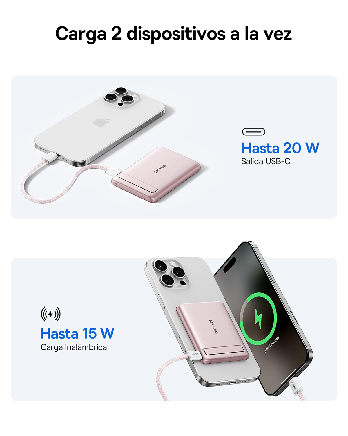 Carga 2 dispositivos a la vez. Hasta 20W salida USB-C. Hasta 15W carga inalámbrica