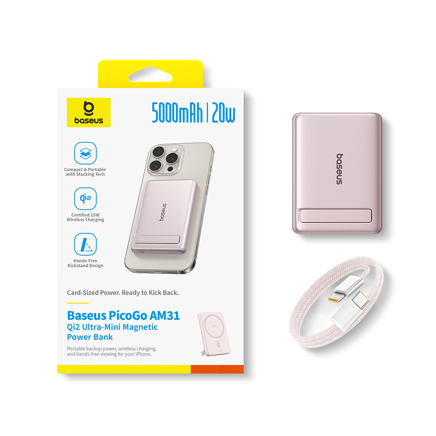 Banco de energía Baseus PicoGo AM31. La caja muestra un teléfono con cargador adjunto, un cargador separado y un cable de carga. Todo es rosa.