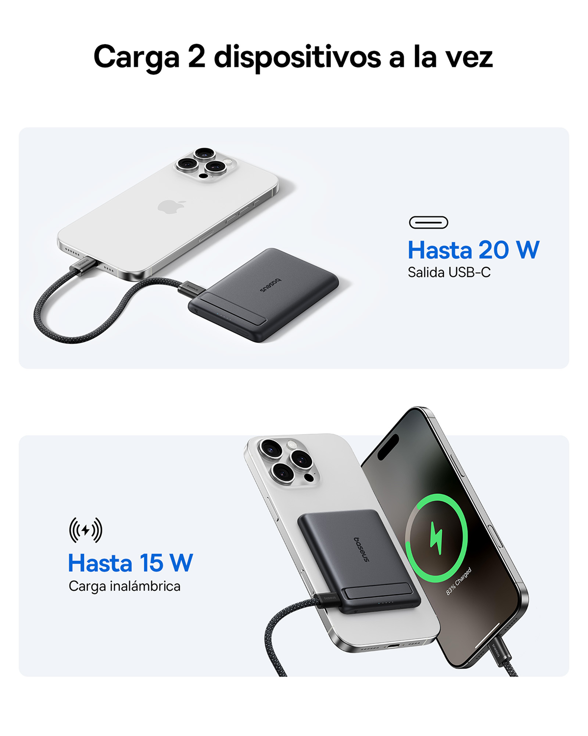 Carga 2 dispositivos a la vez. Hasta 20W salida USB-C. Hasta 15W carga inalámbrica