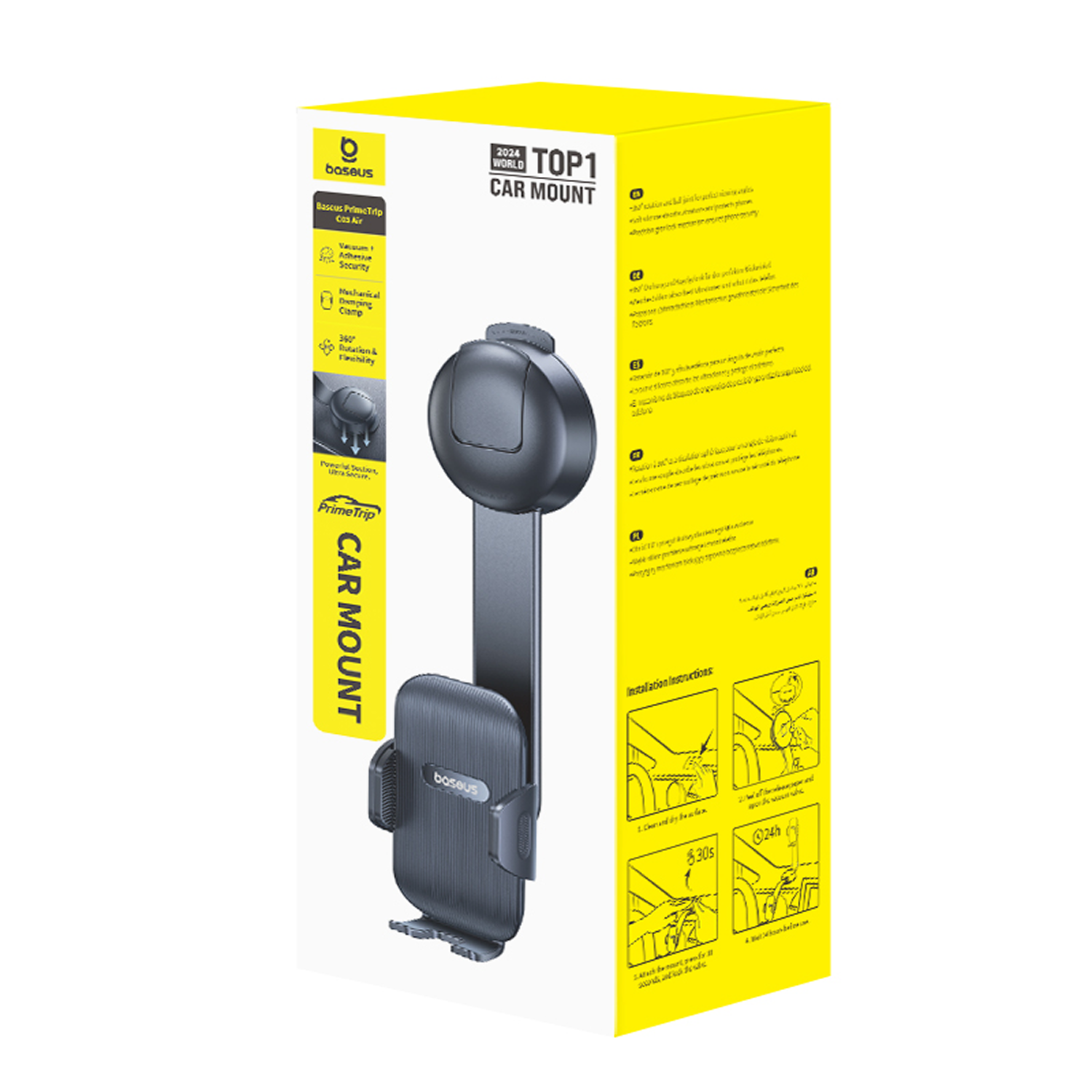 Soporte para automóvil Baseus en caja amarilla, con información del producto e instrucciones.