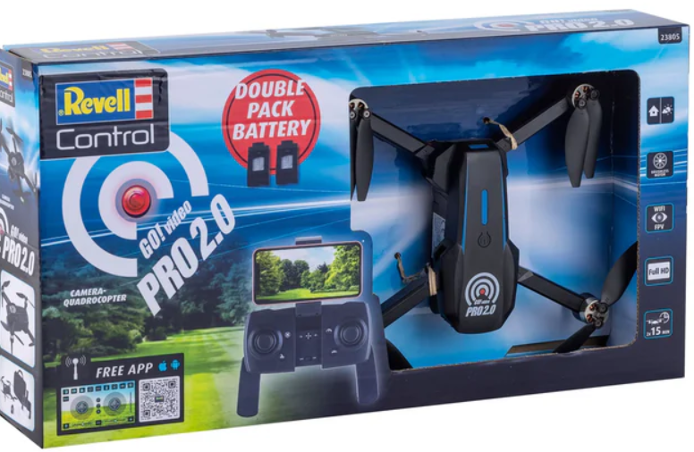 Eine Drohne in ihrer Box. Die Box zeigt die Drohne, eine Fernbedienung und Funktionen wie Video und WLAN. Es ist eine Revell Control PRO 2.0.