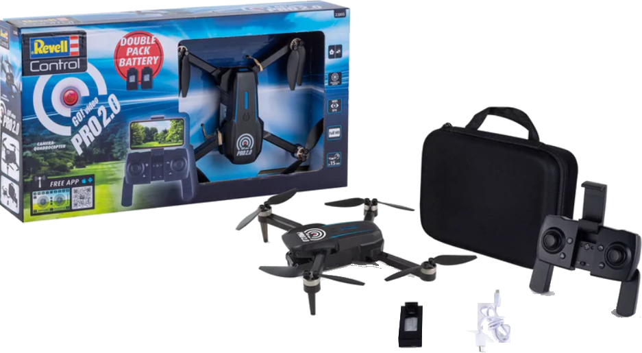 Ein Drohnen-Kit, Revell Control Pro 2.0, enthält eine Drohne, einen Controller, eine Tragetasche und eine Box. Die Drohne ist schwarz und silber.