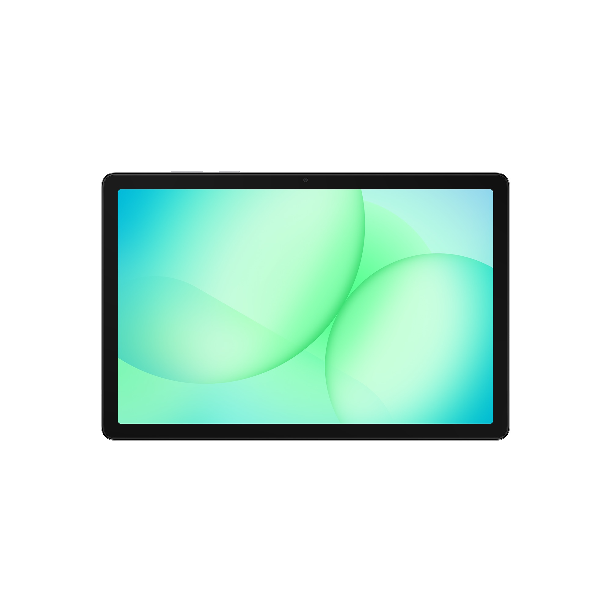 Egy fekete tablet, kék-zöld színátmenetű képernyővel, mely absztrakt zöld gömböket jelenít meg, fehér háttérrel.