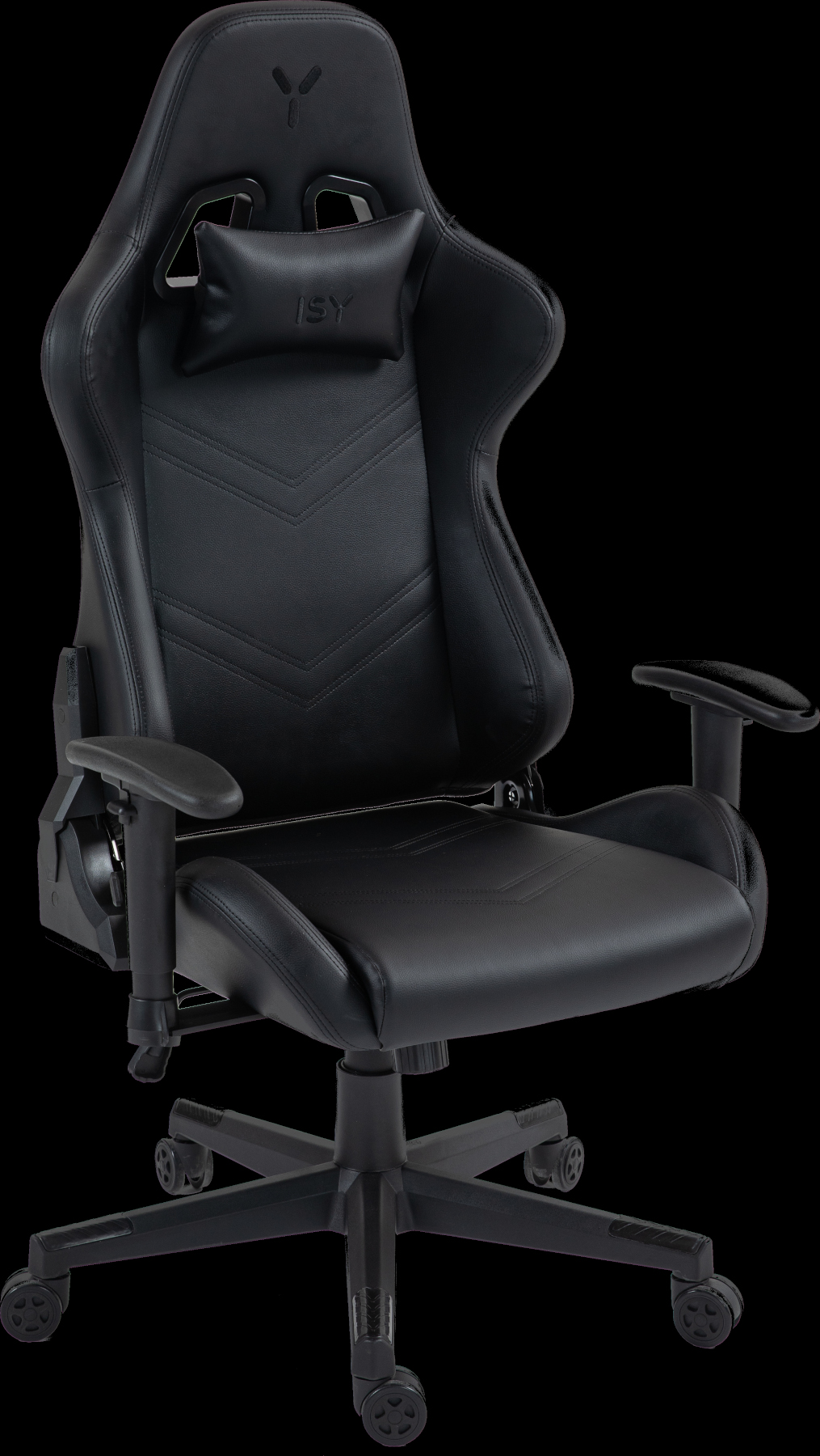 Chaise de jeu noire avec appuie-tête et accoudoirs sur fond noir. La chaise a un coussin lombaire et le logo ISY.