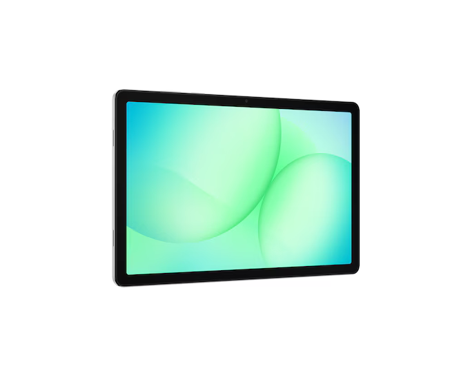 Egy fekete keretű tablet, zöld és kék gömböket jelenít meg fehér háttéren. A tablet kissé a néző felé van döntve.