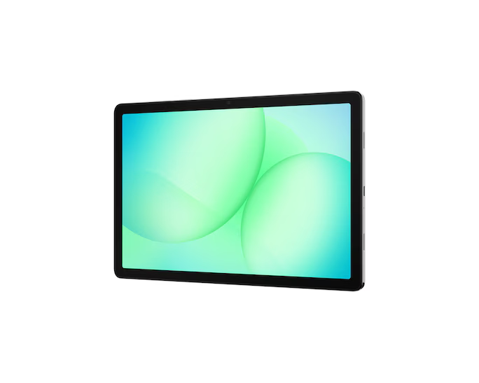 Fekete keretű tablet. A képernyő zöld és kék gömbök gradiensét jeleníti meg fehér háttér előtt.