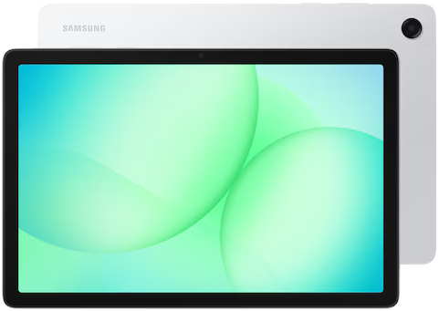 Fehér Samsung tablet fekete szegéllyel. A képernyő zöld és kék buborékokat jelenít meg. Egy másik tablet hátulja látható.