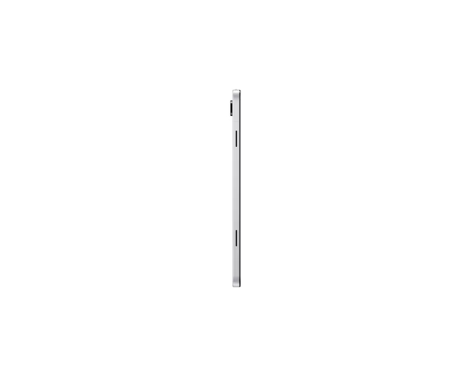 Egy fehér tablet oldalsó nézete. A képernyő nem látható. A tablet fehér háttér előtt áll.