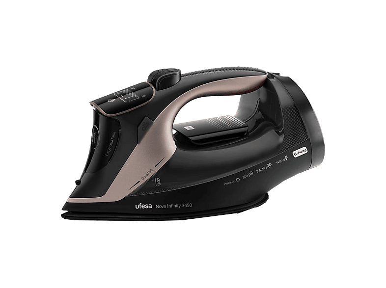 Plancha de vapor - Ufesa Nova Infinity, 3450W, Con Bomba, Golpe Vapor 300g, Depósito 350ml, Continuo 70g/min, Sistema 3 antical, Negro/Cobre
