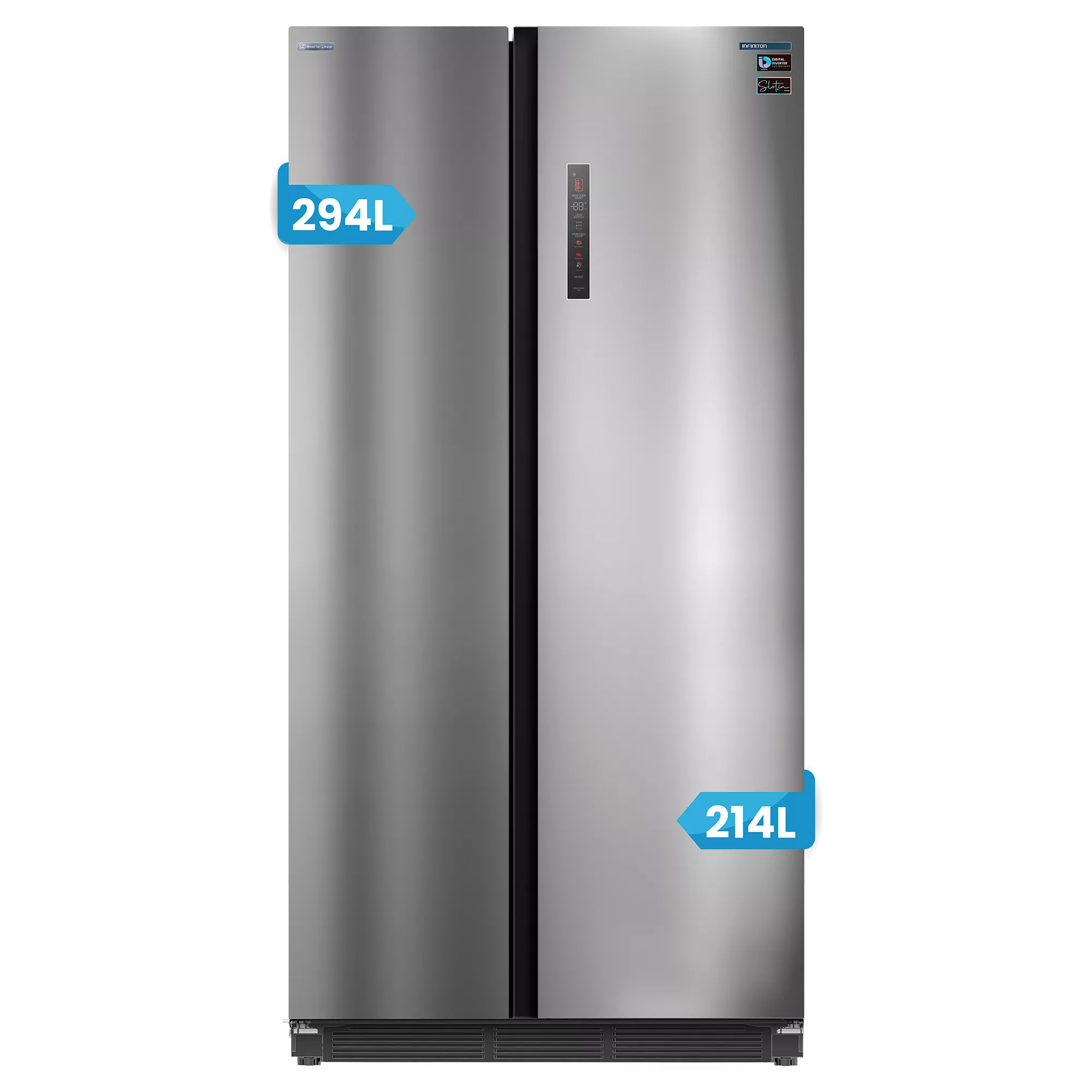 Un refrigerador de acero inoxidable con dos puertas. Tiene etiquetas de capacidad: 294L y 214L. Un panel de control es visible en la puerta derecha.