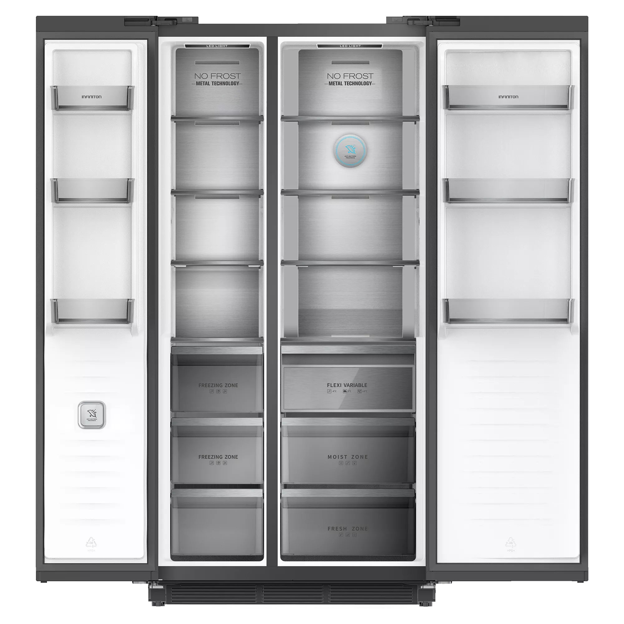 Refrigerador de doble puerta abierto. Interior con estantes, cajones y etiquetas: Zona de Congelación, Zona Húmeda, Zona Fresca. Acero inoxidable.