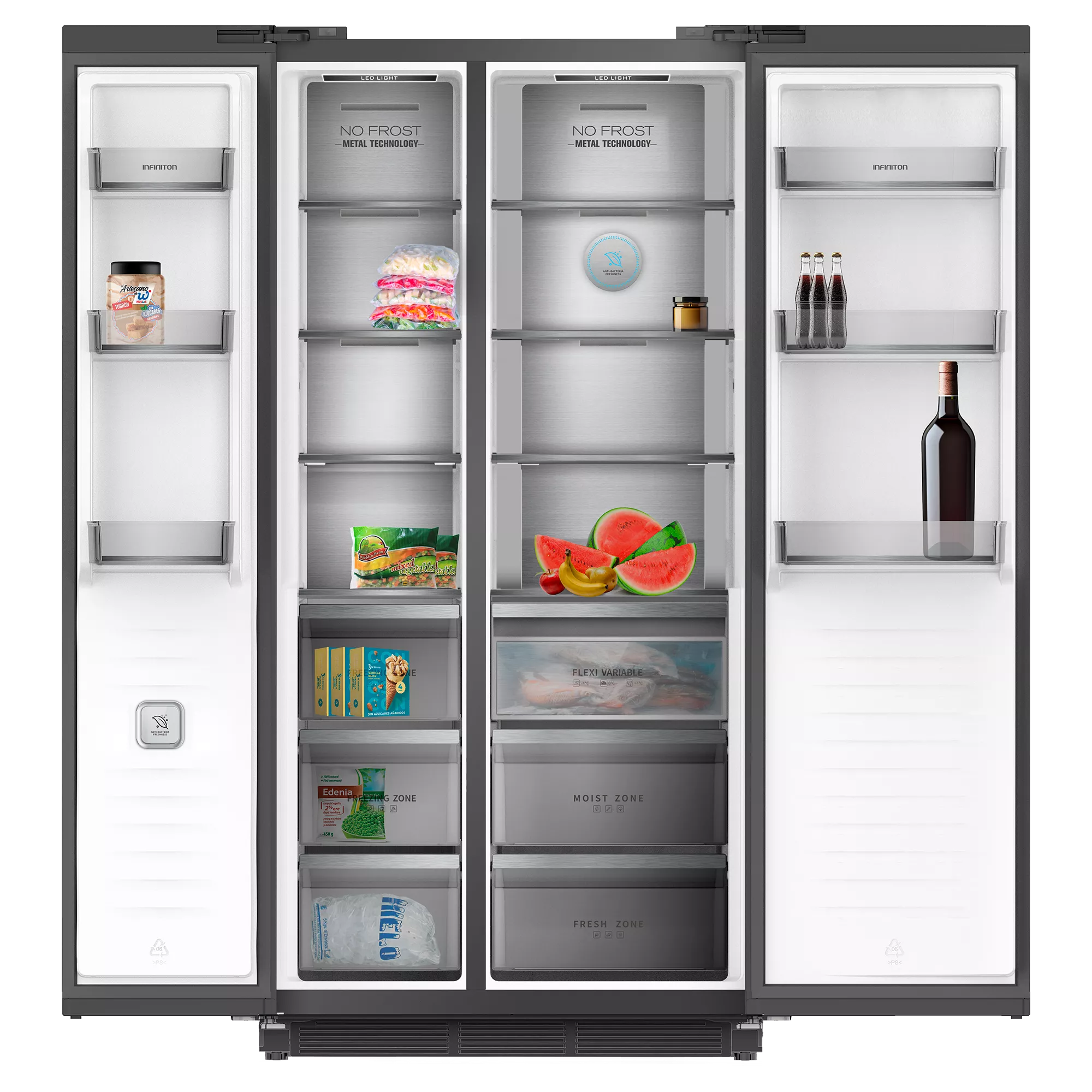 Refrigerador abierto con comida. Se ven rodajas de sandía, helado, verduras, vino y bebidas.