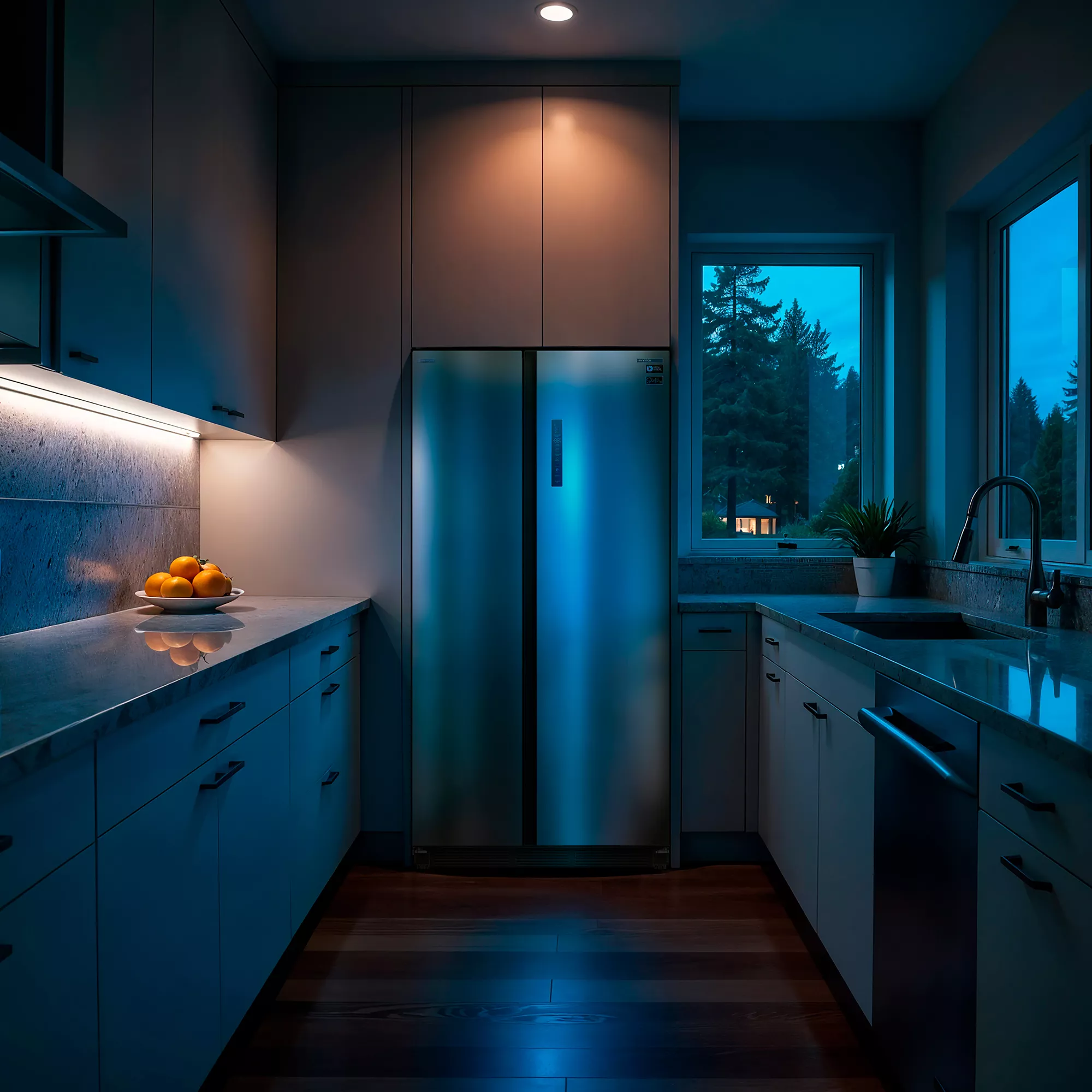 Una cocina moderna con una nevera grande. Naranjas en la encimera. Afuera, es el anochecer. Luz azul y naranja.