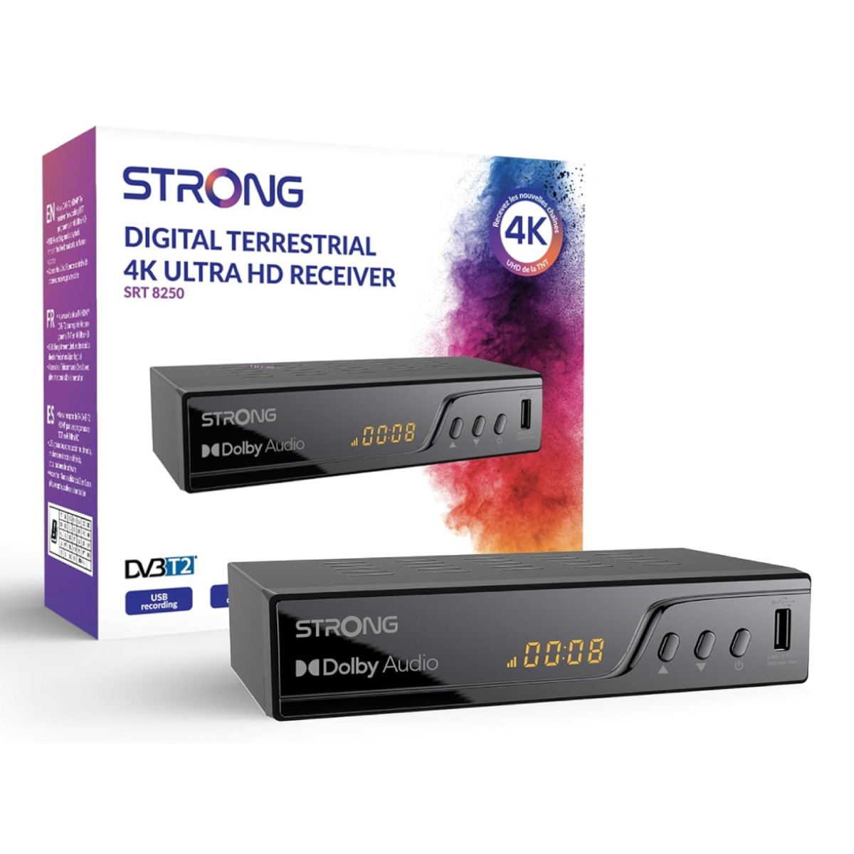 Un receptor digital Strong negro se muestra con su caja, mostrando el nombre del producto y sus características.