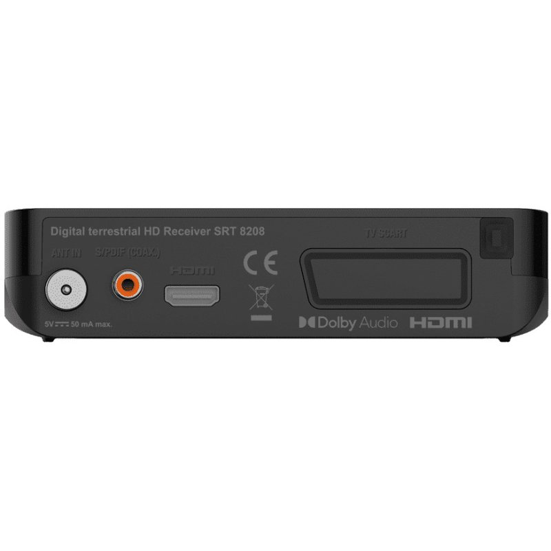 Receptor HD digital negro con múltiples puertos, incluyendo ANT IN, S/PDIF y HDMI. Tiene la marca CE y el logotipo de Dolby Audio.