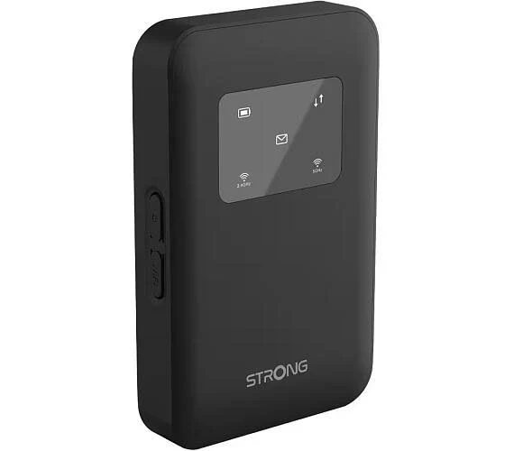 Router WiFi portátil negro STRONG. Tiene pantalla y botones laterales. La pantalla muestra iconos.