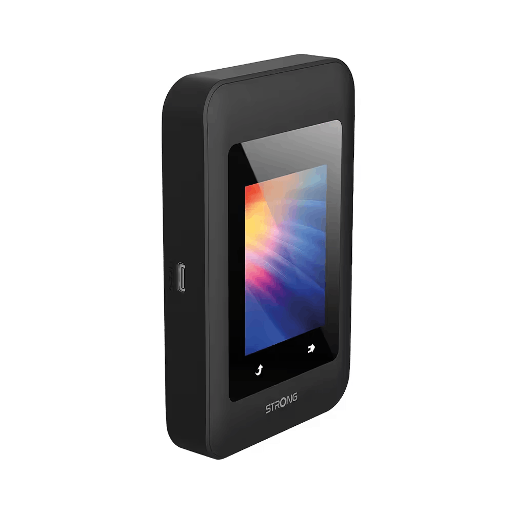 Un dispositivo negro y rectangular con una pantalla que muestra una imagen abstracta colorida. El dispositivo tiene un puerto y la marca 'STRONG'.