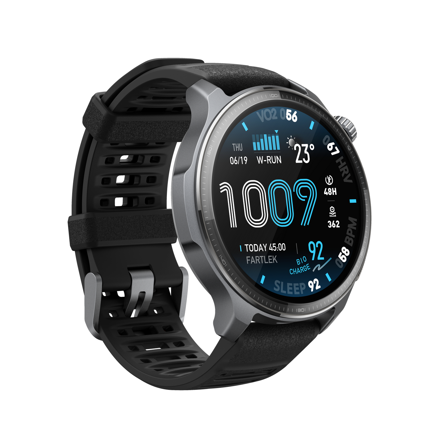 Un reloj inteligente con correa negra muestra métricas de salud como frecuencia cardíaca, pasos y datos de sueño en pantalla. El reloj es plateado.