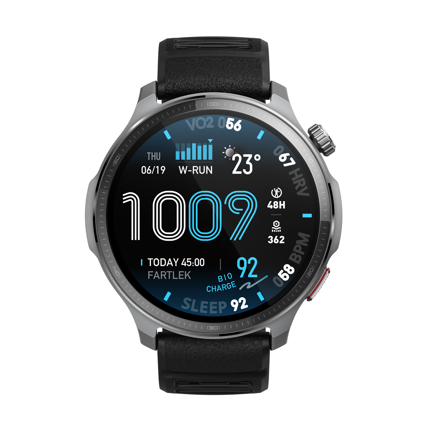 Un reloj inteligente muestra datos como VO2, temperatura, frecuencia cardíaca y pasos. El reloj tiene una correa negra y una caja plateada sobre gris.