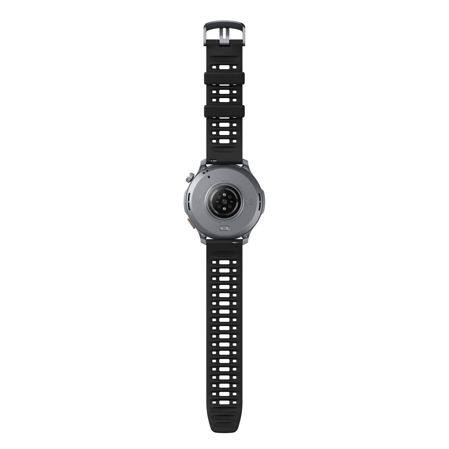 Se muestra la parte trasera de un reloj inteligente. Cuenta con una correa negra y una caja plateada. El fondo es gris sólido.