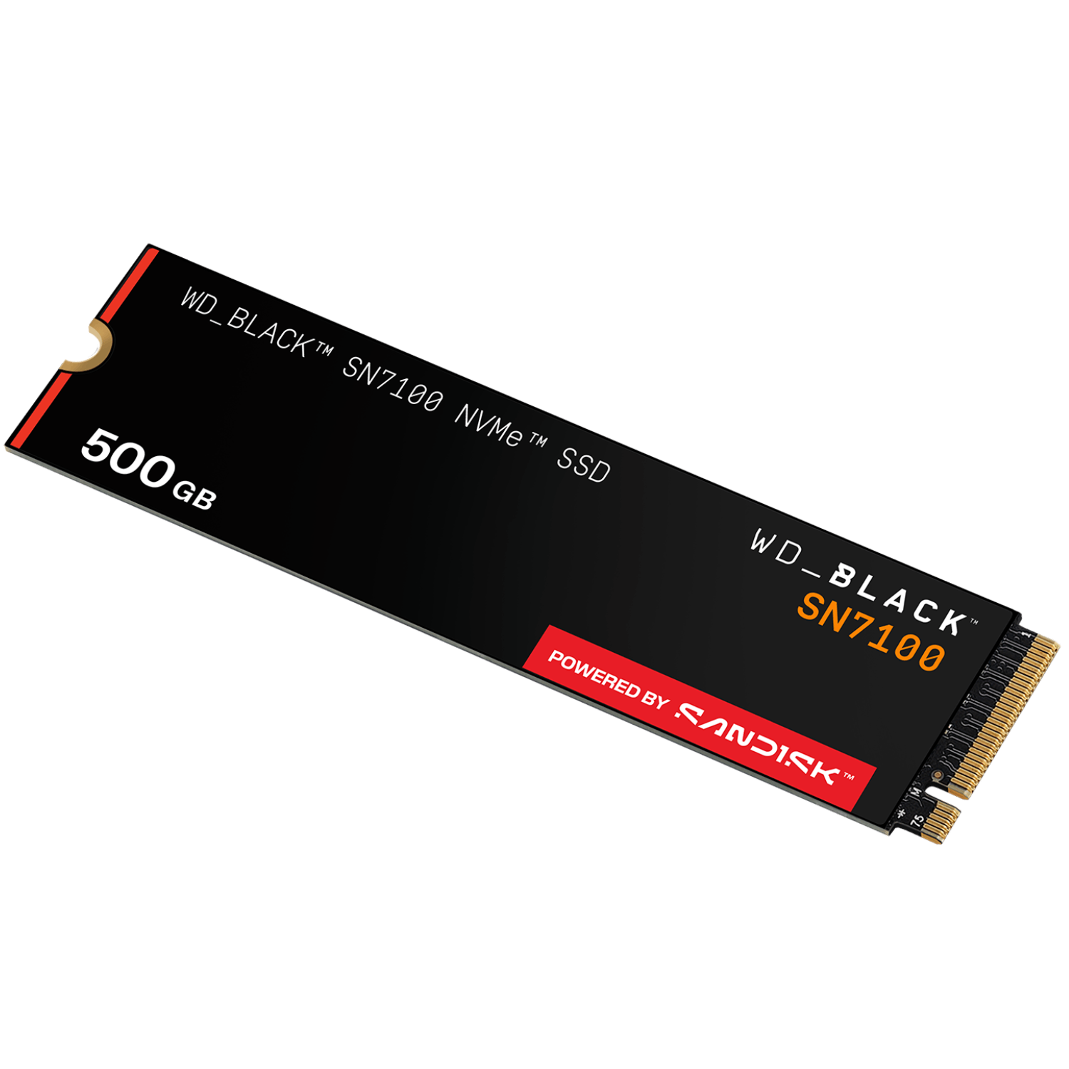Un SSD NVMe WD_BLACK SN7100 negro, 500GB. Impulsado por Sandisk. Conectores dorados a la derecha. Acentos rojos y dorados.