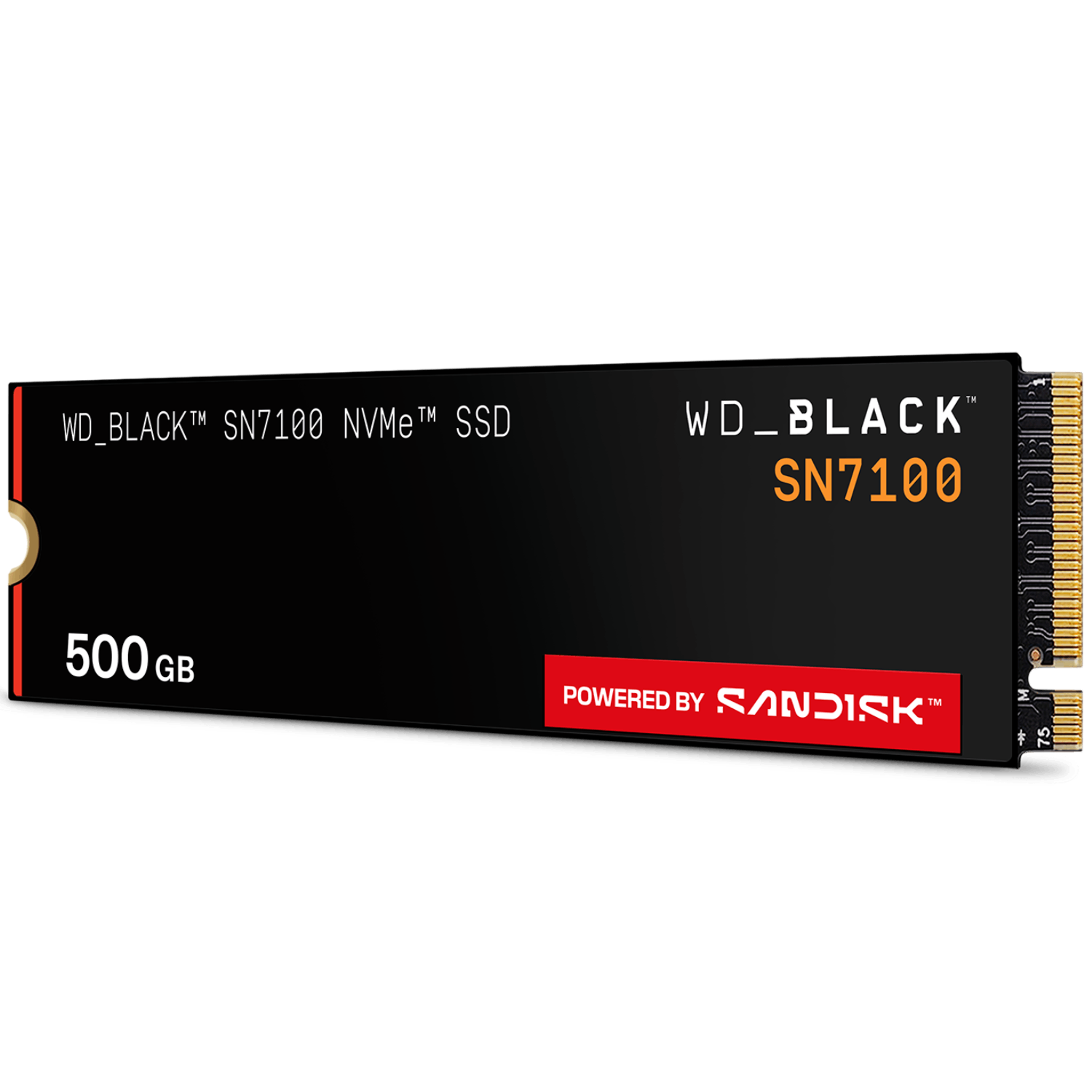 WD_BLACK SN7100 NVMe SSD, capacidad de 500GB. Negro con texto naranja y blanco. Logotipo Powered by Sandisk en rojo.