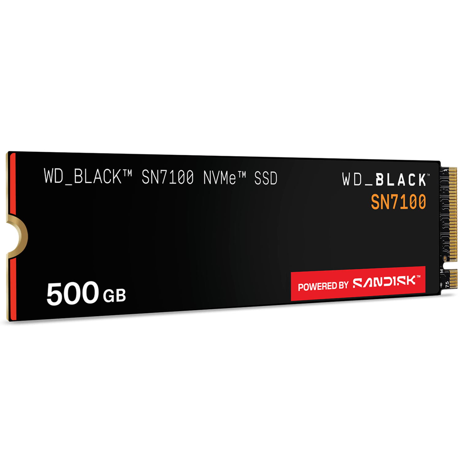 SSD NVMe WD Black SN7100. Es negro con detalles en naranja y dorado. Tiene 500 GB de capacidad y funciona con Sandisk.