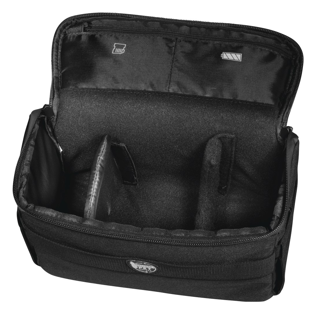 Bolsa de cámara negra abierta con compartimentos. En el interior hay divisores y un interior acolchado. La parte superior tiene cremalleras e iconos.