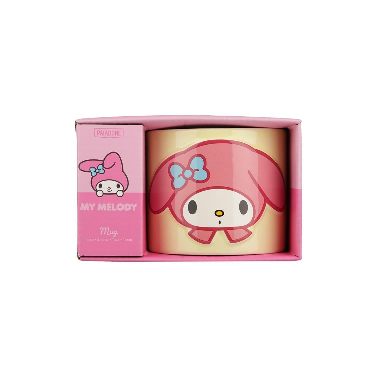 Taza de My Melody en una caja. La taza y la caja presentan colores rosa y amarillo con ilustraciones del personaje My Melody.