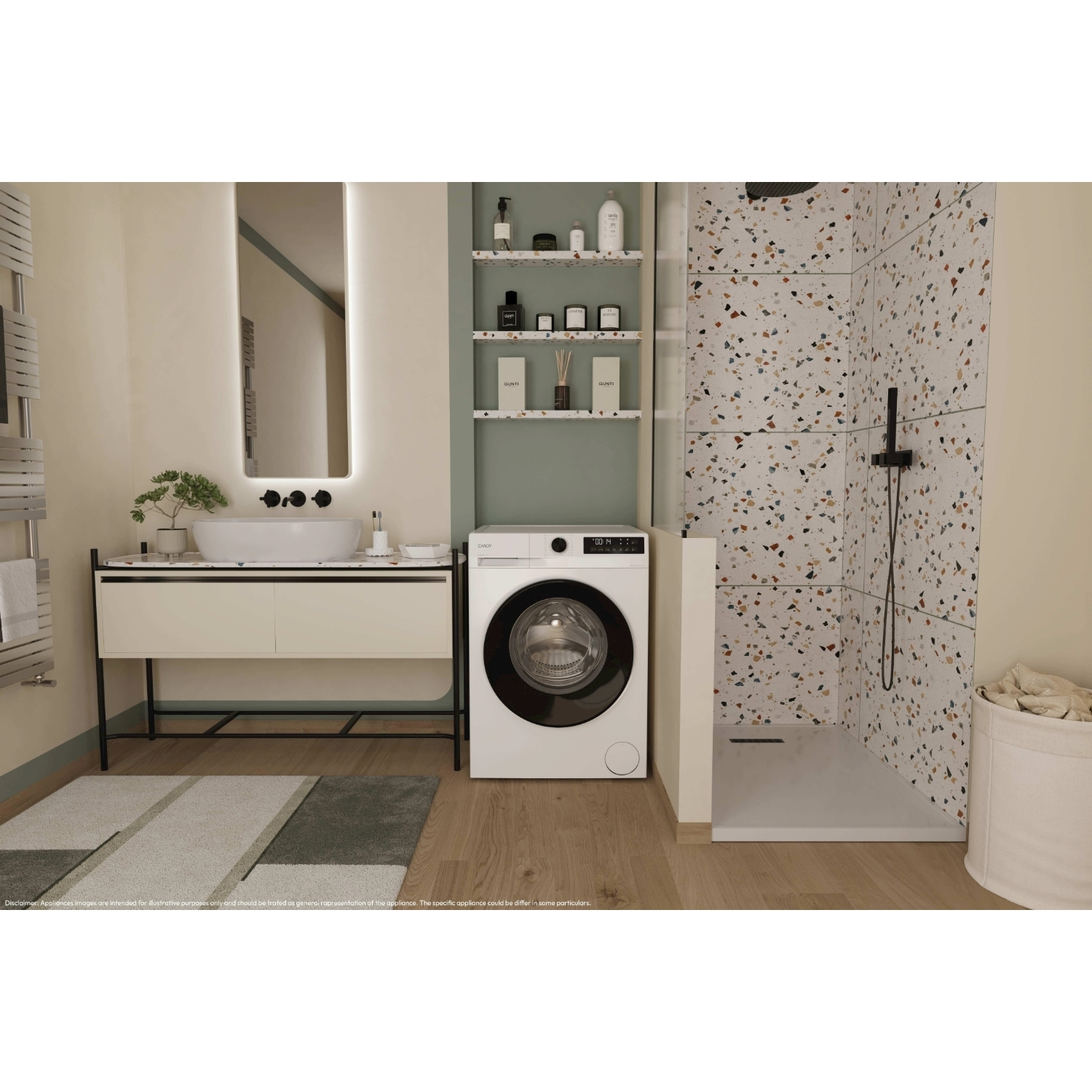 Scena bagno con lavatrice, doccia, mobiletto e mensole. Toni neutri e design moderno con accenti decorativi.