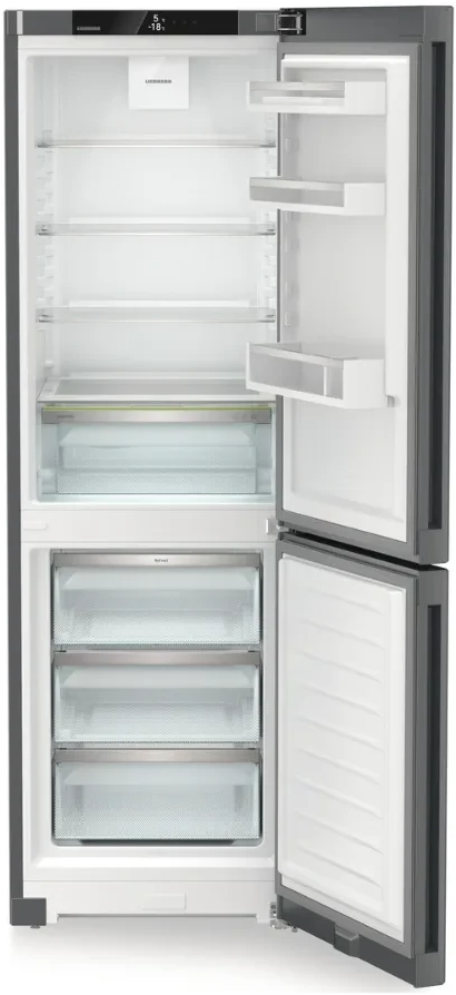 Offener Kühlschrank mit Regalen, Schubladen und Temperaturanzeige. Gefrierfach unten mit Schubladen. Innen weiß, außen grau.
